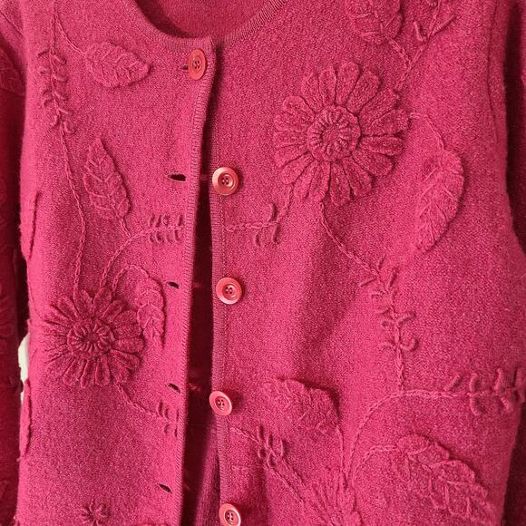 Talbots Petite wool cardigan womens SP Pink Boiled wool floral appliqué Button - Picture 6 of 10